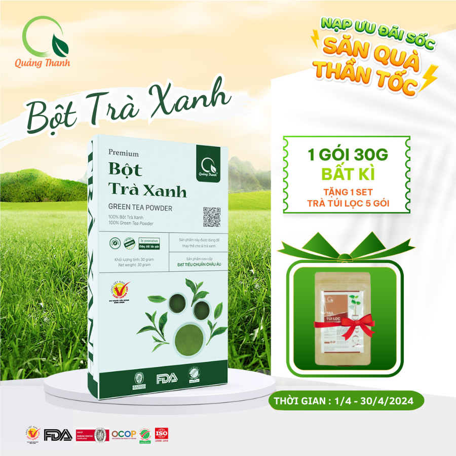 Bột Trà Xanh Sấy Lạnh Nguyên Chất - Đắp mặt làm dịu da, kháng khuẩn, kháng viêm, giảm cân - Hộp 30g