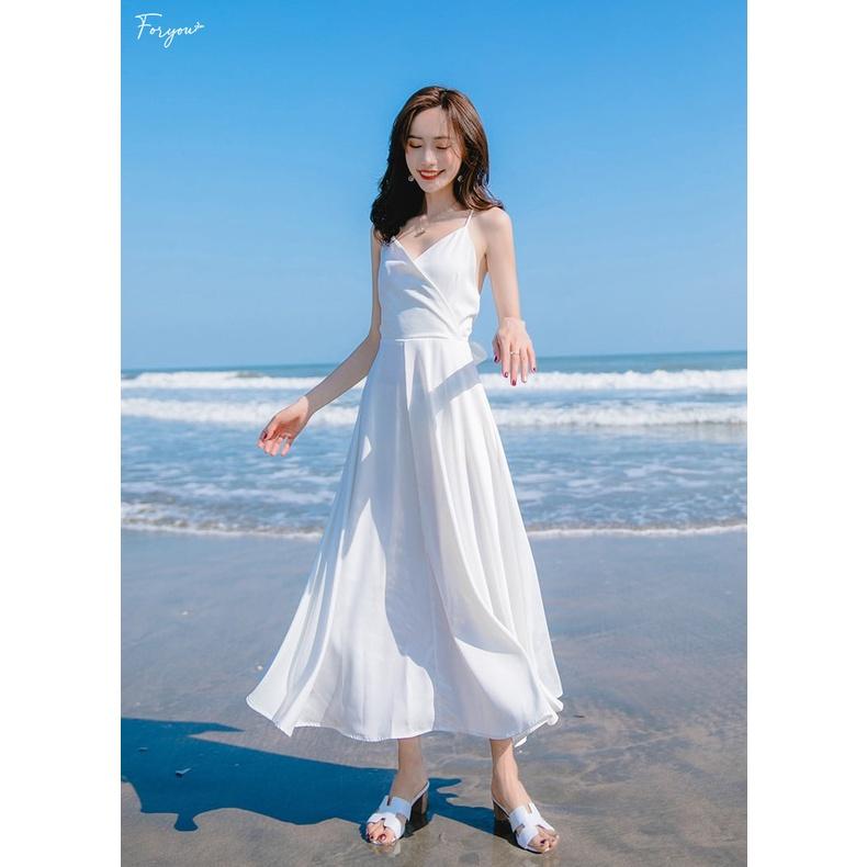 Váy 2 dây FORYOU đầm maxi xẻ ngực nơ lưng dáng xòe đi chơi đi biển - Lucia Dress