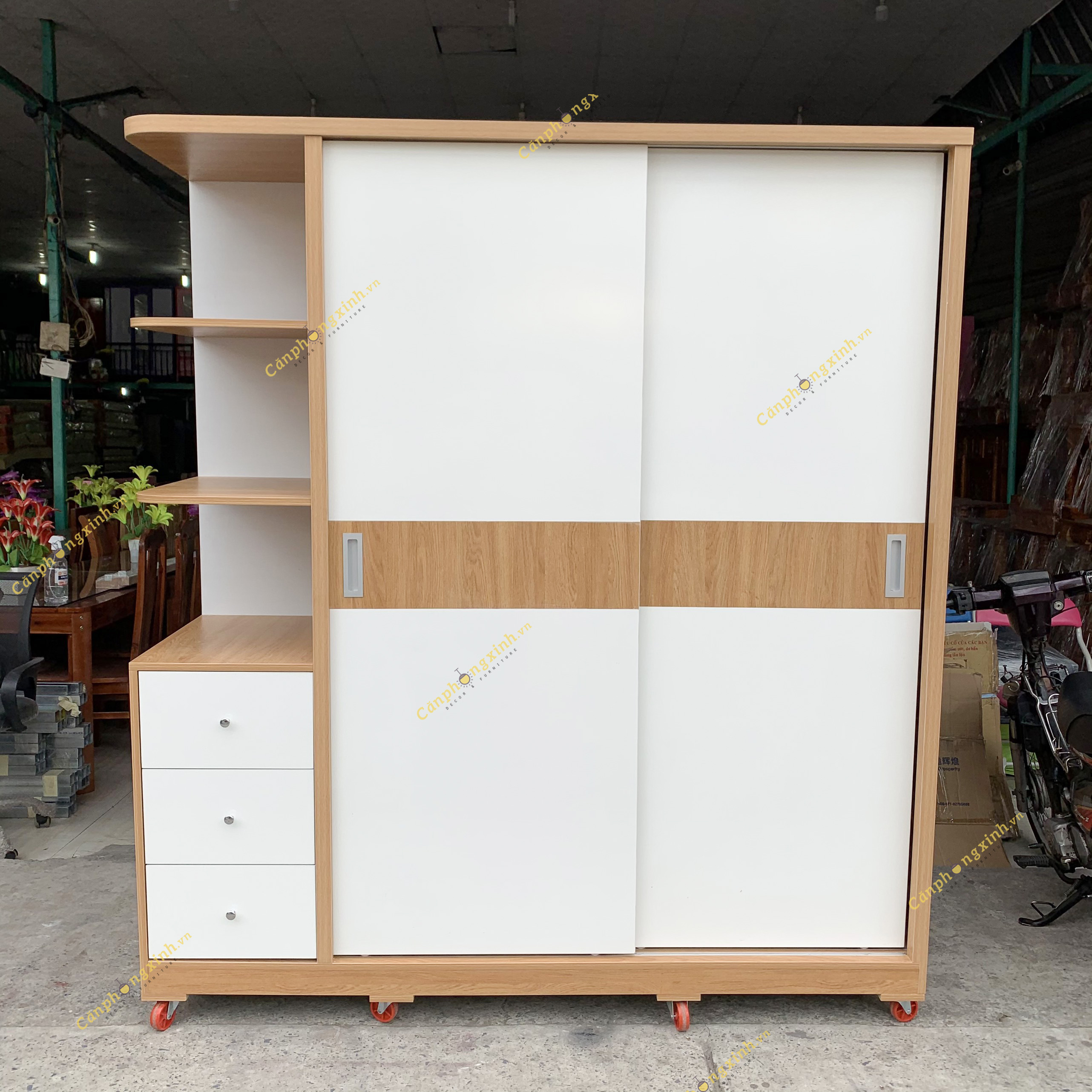 Tủ quần áo CPX-T09, tủ cánh cửa lùa có hộc kệ trang trí, gỗ MDF phủ melamin
