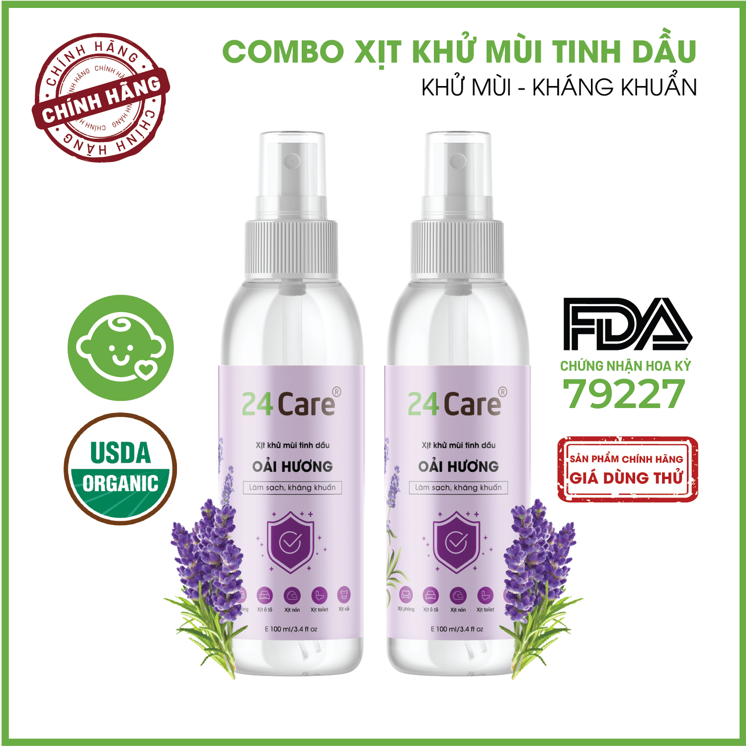 Combo 2 chai Xịt Phòng Tinh Dầu Oải Hương Hữu Cơ Organic 24Care 100ML/Chai - Kháng khuẩn - Khử mùi hôi - Đuổi muỗi - Côn trùng - Giúp thư giãn, cải thiện giấc ngủ - Giảm căng thẳng