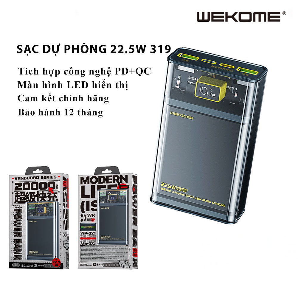 Pin sạc dự phòng 22.5W 20000mAh hỗ trợ công nghệ sạc nhanh PD + QC Hàng Nhập Khẩu WEKOME 319 321 tích hợp màn hình LEDPin sạc dự phòng 22.5W 20000mAh hỗ trợ công nghệ sạc nhanh PD + QC WEKOME 319 321 tích hợp màn hình LED