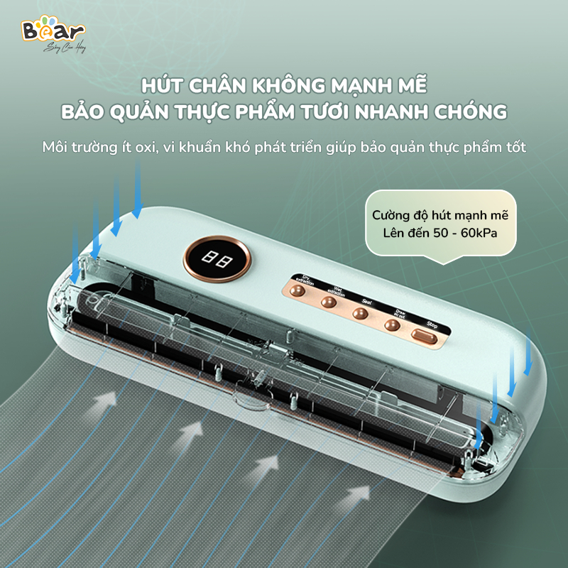 Máy Hút Chân Không BEAR SB-CK95W Không Kén Thực Phẩm Thiết Kế Sang Trọng Lực Hút 0.6 Bar Công Suất 95 W - Hàng Chính Hãng