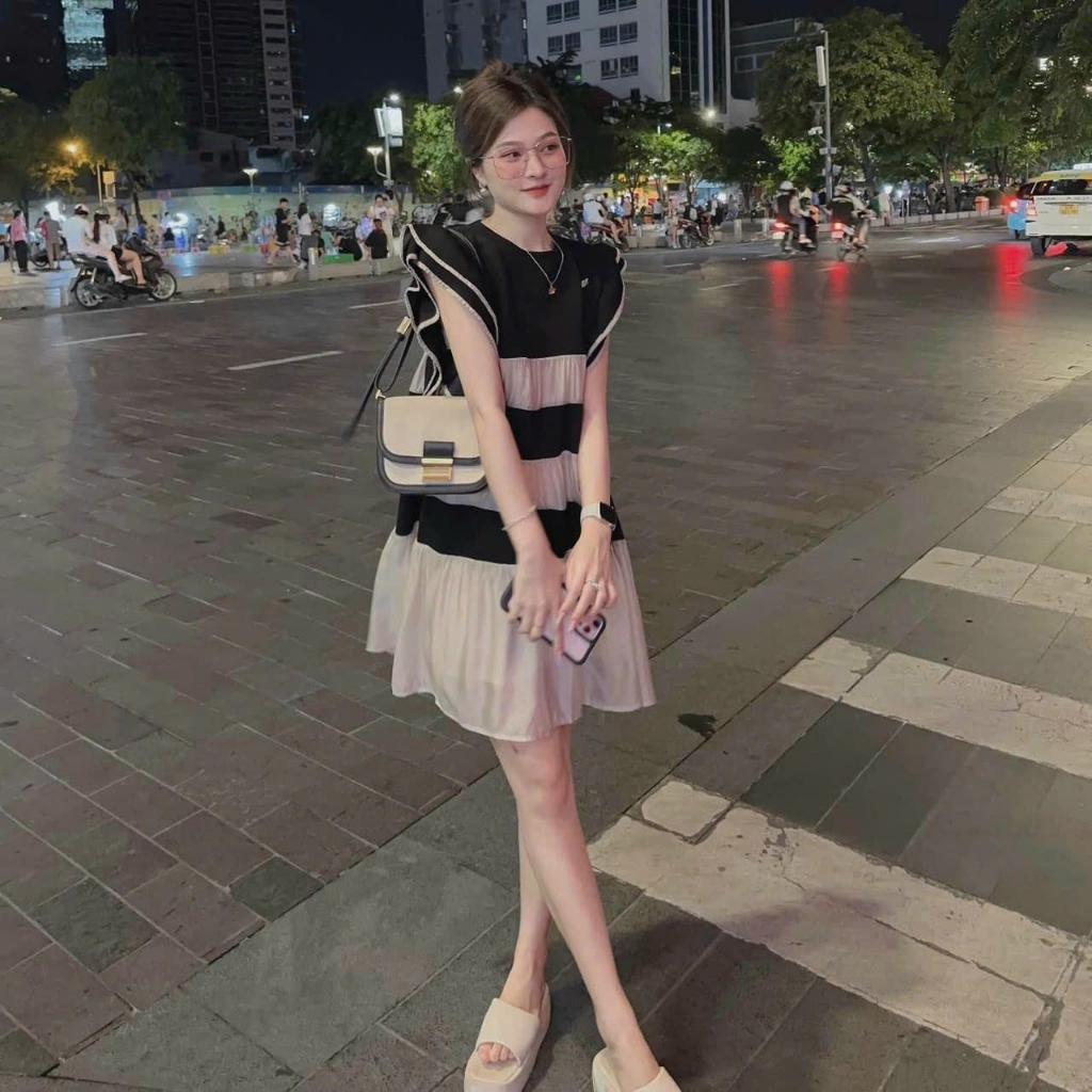 Đầm suông babydoll tay bèo lụa phối voan tơ