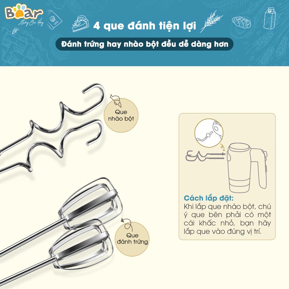 [Hàng Chính Hãng]Máy đánh trứng cầm tay Bear HM-B01V1 xanh cổ vịt. tích hợp 4 que đánh (2 que đánh trứng, 2 que nhồi bột),  công suất 300W 10 tốc độ