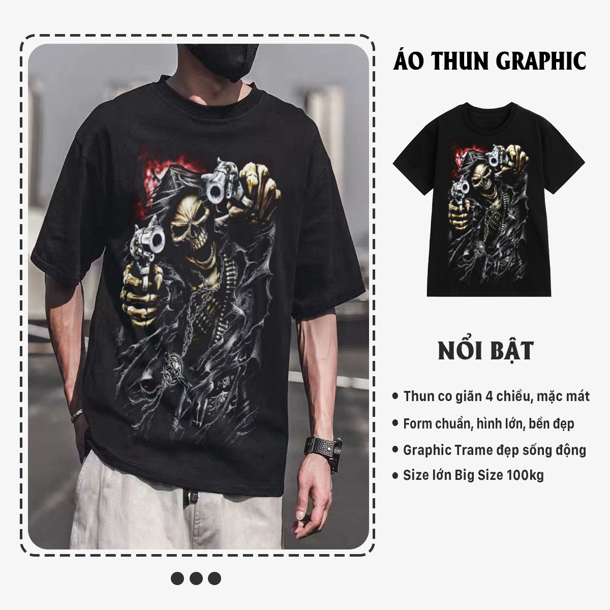 Áo thun nam cổ tròn TeeSett tay ngắn big size cotton màu đen in hình bộ xương graphic design