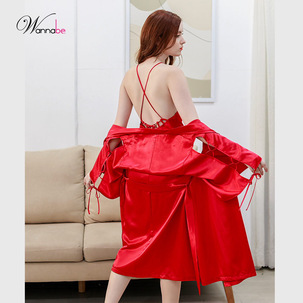 Áo choàng ngủ WANNABE KIS33 áo khoát ngủ dạng kimono xẻ sườn cánh tay đan khoen xxx cột nơ xinh xắn cho người mặc