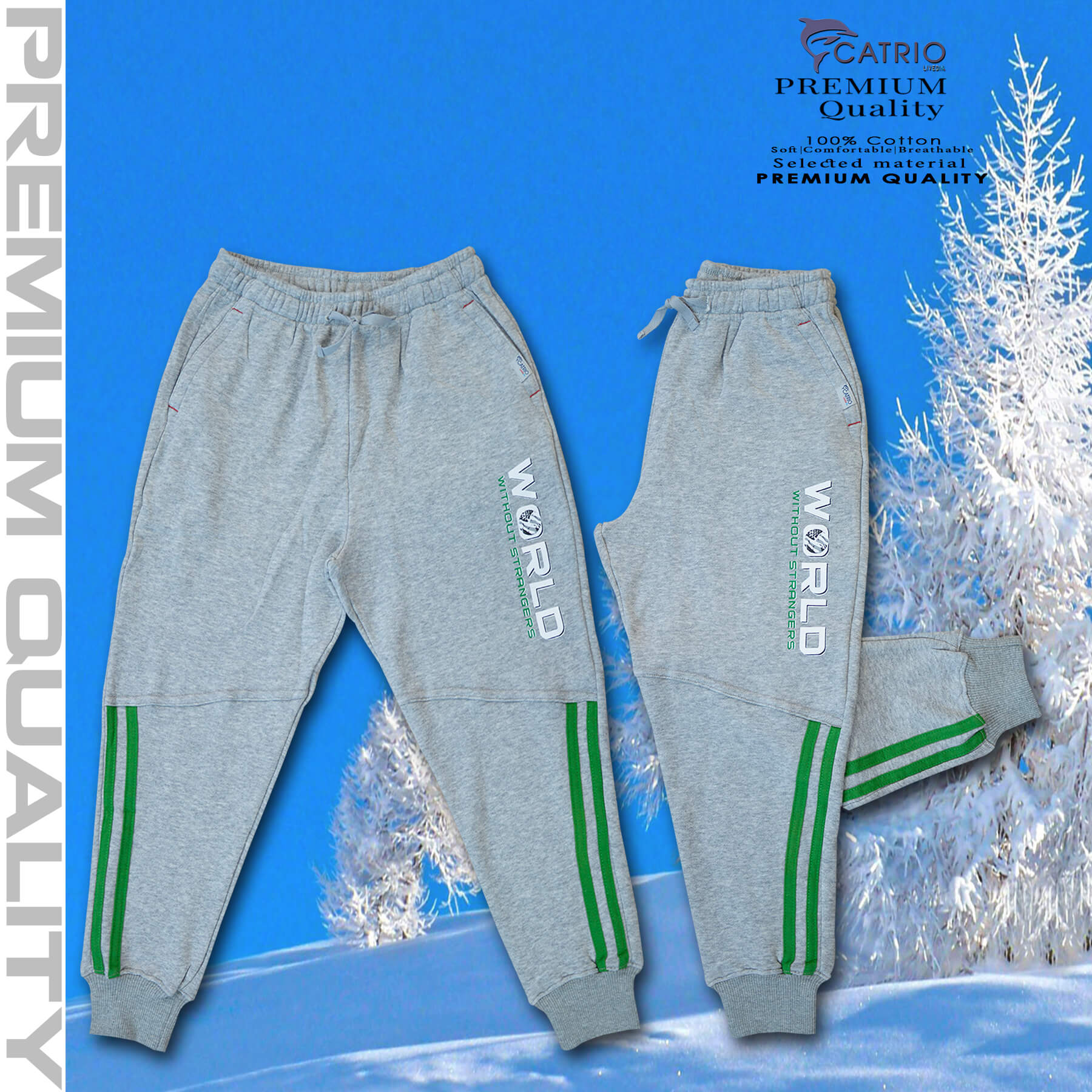 Quần dài bé trai vải 100% cotton in WORLD màu XÁM NHẠT là quần nỉ trẻ em CATRIO từ 9 tuổi đến 18 tuổi phù hợp thời tiết se lạnh mùa thu đông với kiểu dáng thể thao tuyệt đẹp
