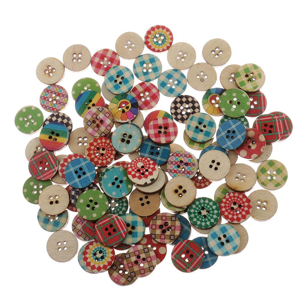 100 Pieces 15mm Colorful Mixed Pattern Round 2 Holes Wood Buttons for DIY Sewing