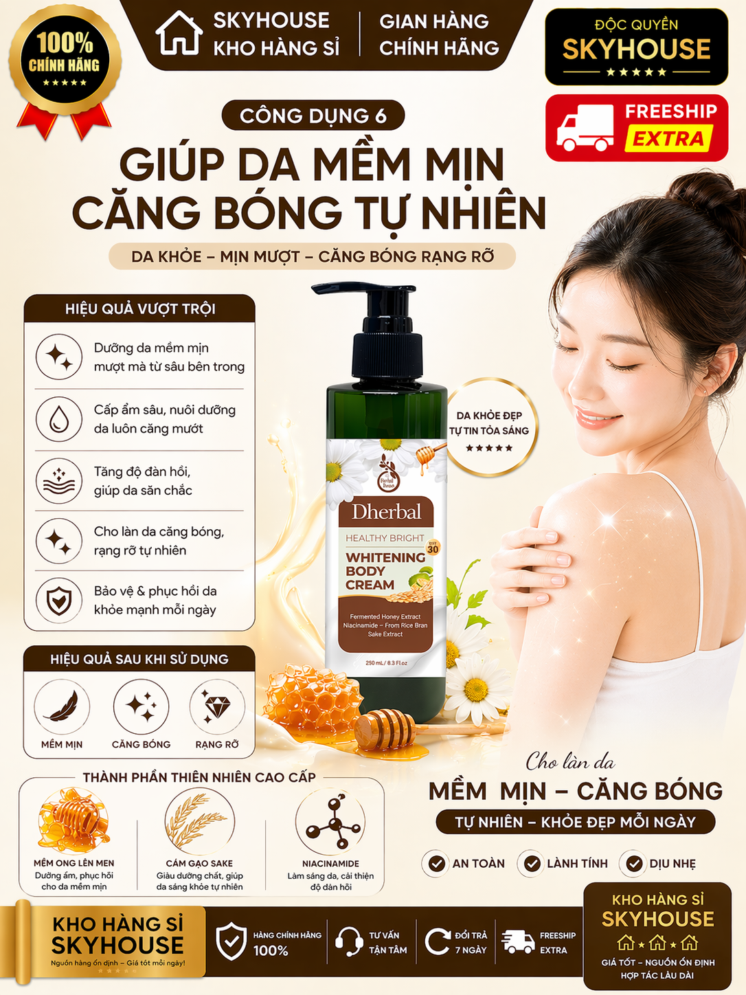 Kem dưỡng trắng da thiên nhiên độc quyền WHITENING BODY CREAM DHERBAL chai 250ml kem chống nắng toàn thân chính hãng