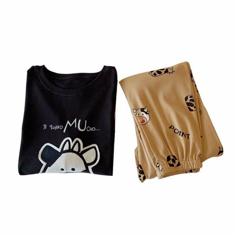 Đồ Bộ Thun Tay Dài Quảng Châu - Pijama Quần Dài - Đồ Mặc Ở Nhà Họa Tiết Hoạt Hình Dễ Thương