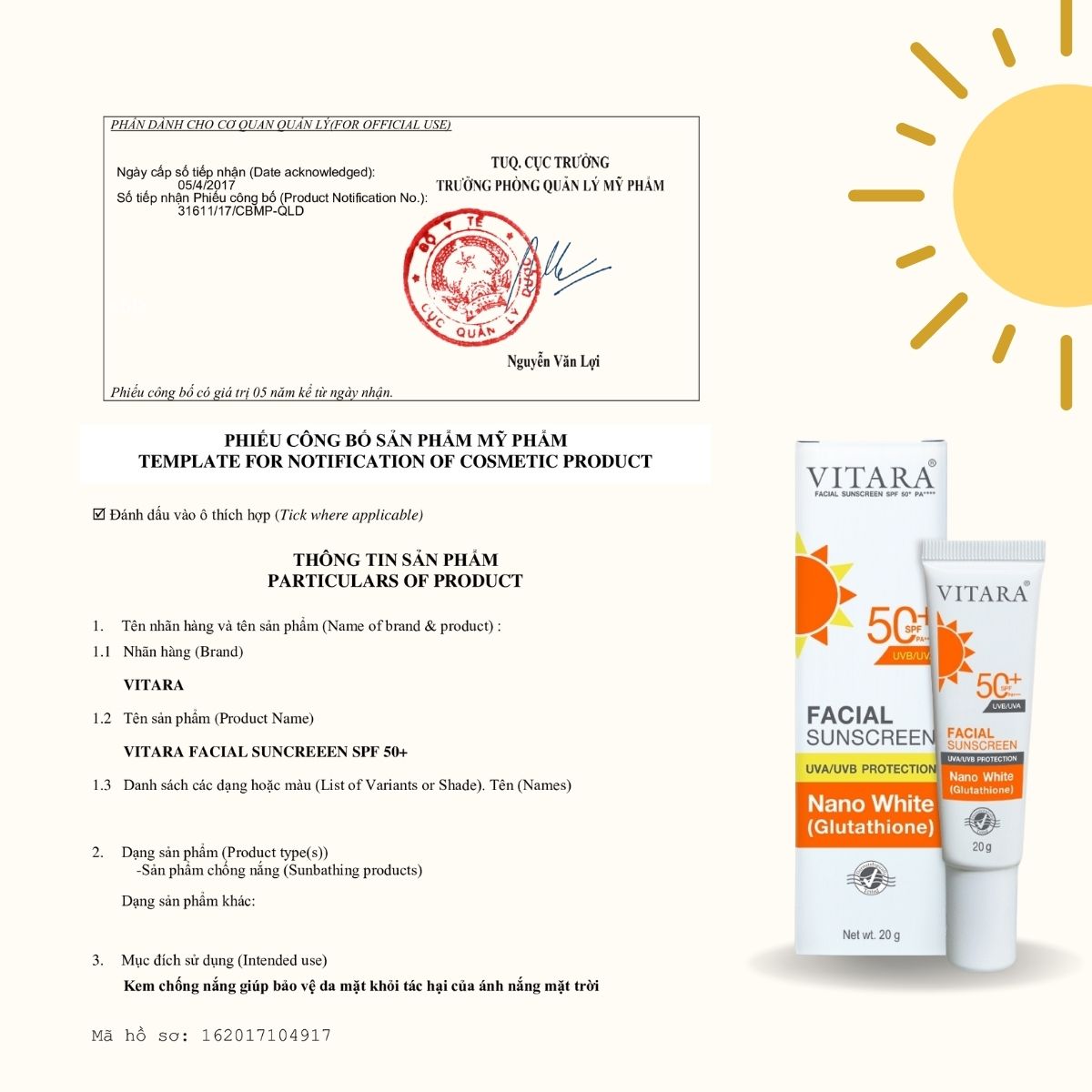 Kem chống nắng Vitara Facial Sunscreen SPF50 PA++, chống nước, làm trắng da, ngăn ngừa cho nám, tàn nhang 20g