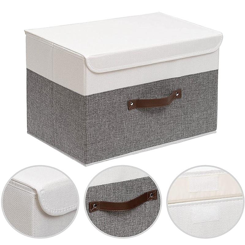 Large Collapsible Storage Box with Lid Clothing Shelf Basket Bins Toy Box for Towels Books Clothes(White/Gray,2-Pack)