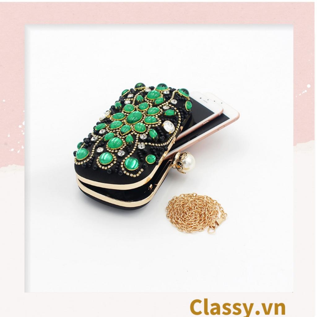 Clutch Classy cầm tay lụa satin 18.5x5.5x10CM, màu đen đính hạt mang lại nét thời trang thời thượng cho buổi tiệc T1187