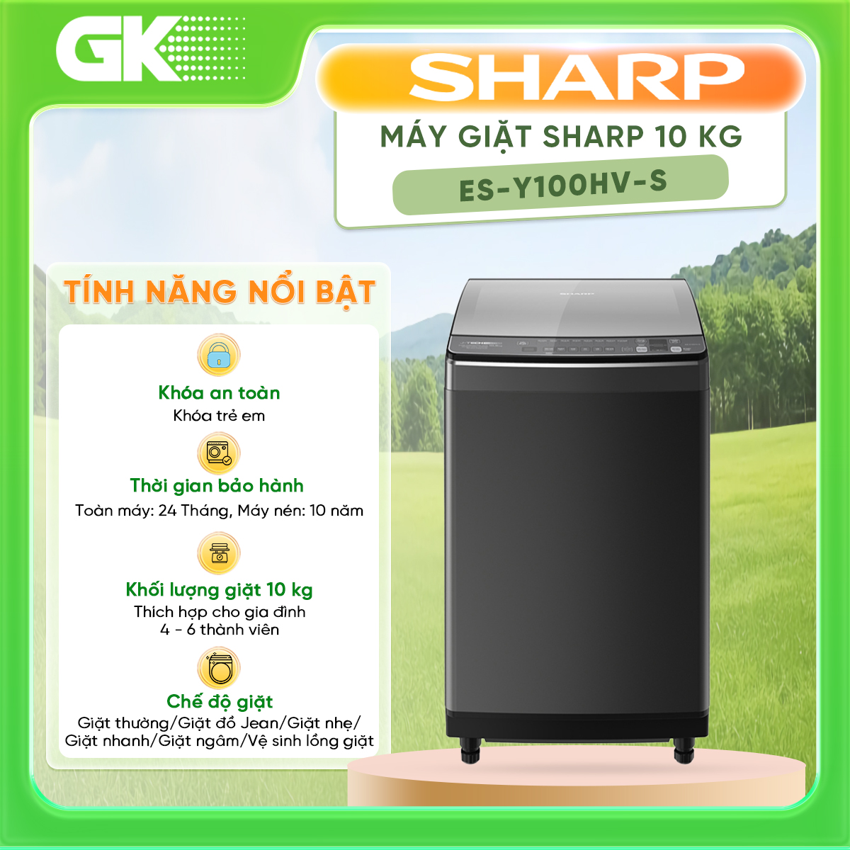 Máy giặt cửa trên Sharp 10kg ES-Y100HV-S - Hàng chính hãng( Chỉ giao tại HCM)
