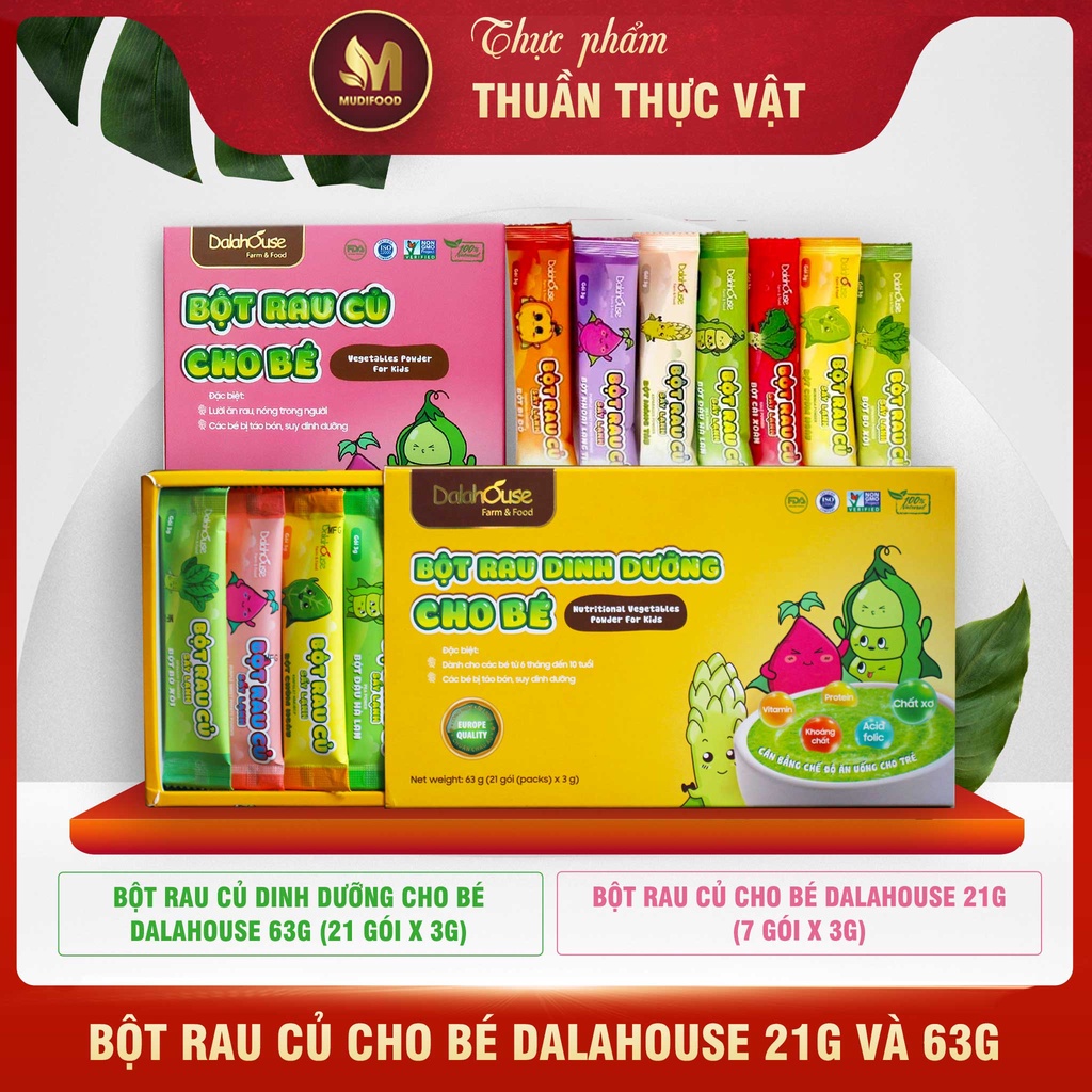 Bột Rau Củ Hữu Cơ Nguyên Chất Sấy Lạnh Cho Bé Dalahouse Hộp 21g/63g - Hỗ Trợ Tiêu Hóa, Cung Cấp Chất Xơ Dồi Dào, Hỗ Trợ Dinh Dưỡng Cho Bé Ăn Ngon, Hỗ Trợ Phát Triển Não Bộ, Bảo Vệ Thị Giác, Tăng Cường Khả Năng Nhận Thức Và Học Hỏi Của Bé