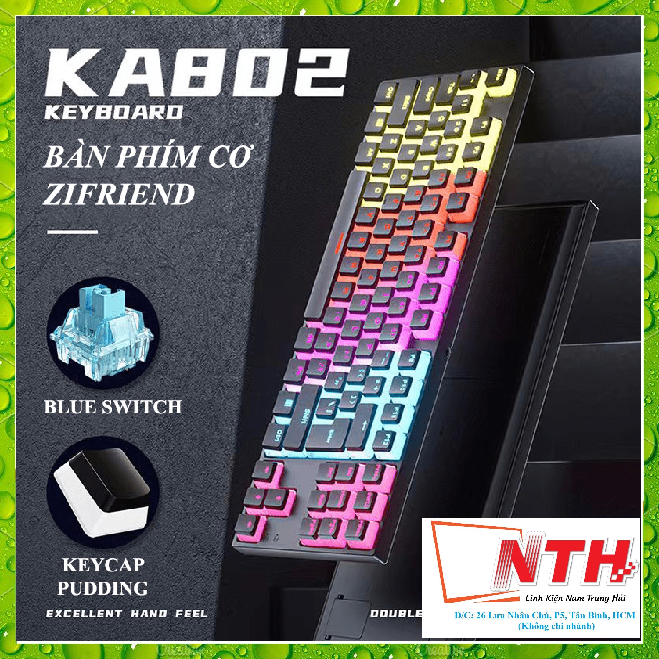 Bàn phím cơ ZIFRIEND KA802D sử dụng Blue Switch thiết kế mini nhỏ gọn chỉ 87 phím với keycap pudding xuyên led cực đẹp