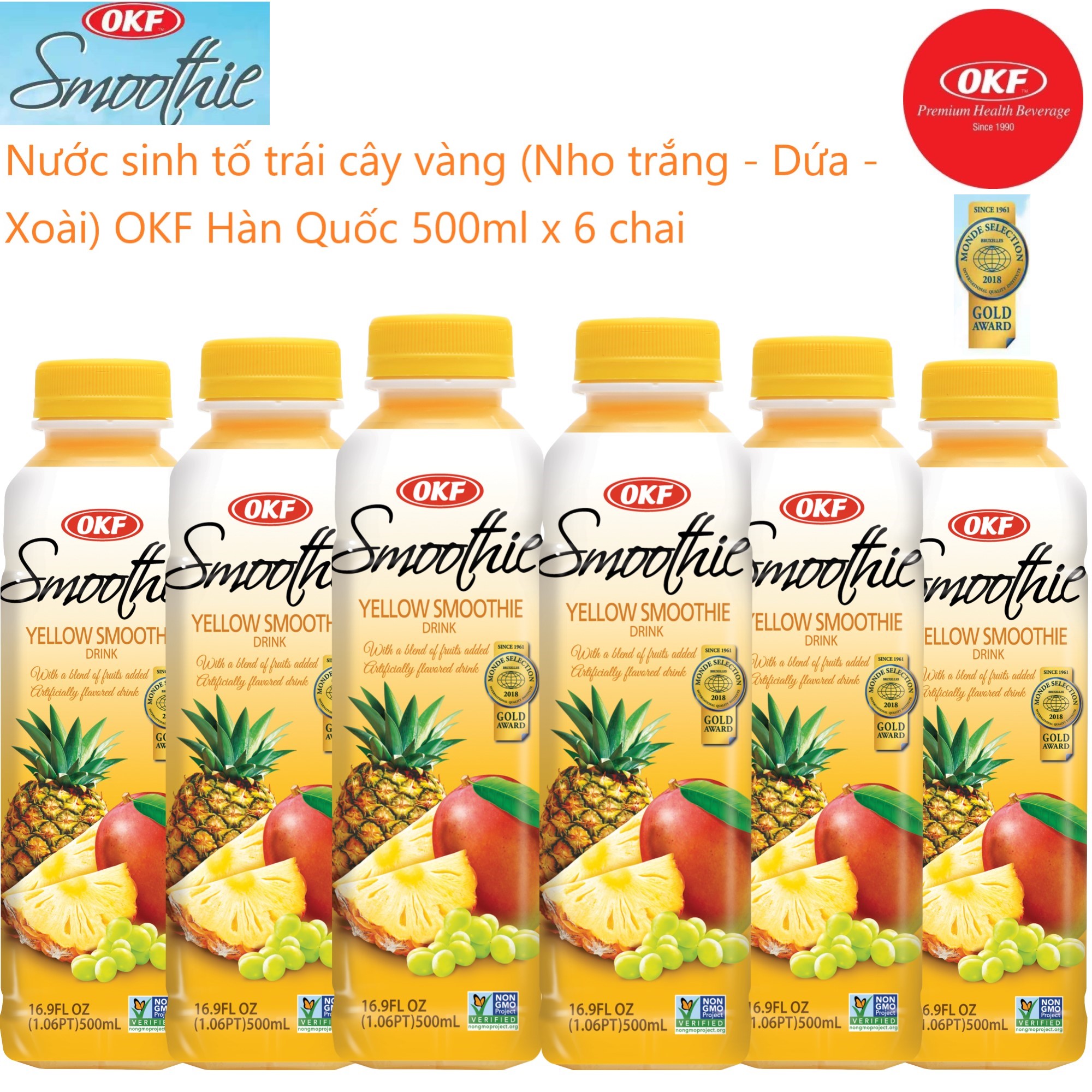 Nước sinh tố trái cây vàng (Nho trắng - Dứa - Xoài) OKF Hàn Quốc 500ml x 5 chai