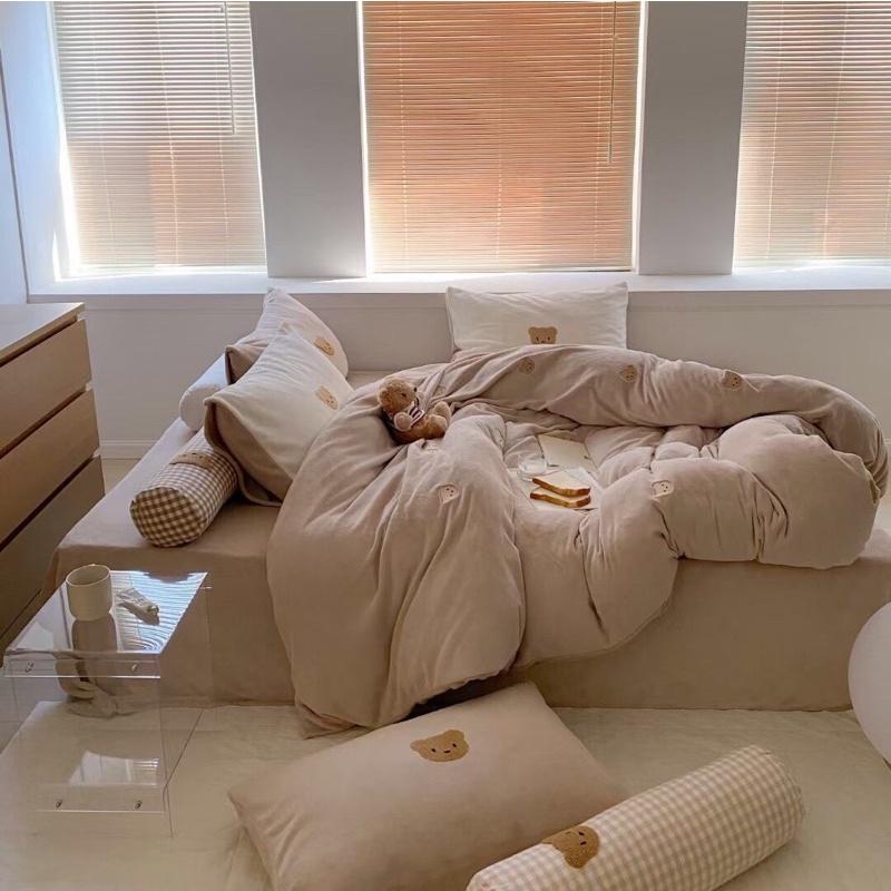Bộ Chăn Ga Gối Nỉ Sữa Gấu Teddy Hàng Nhập Khẩu Cao Cấp 5 món