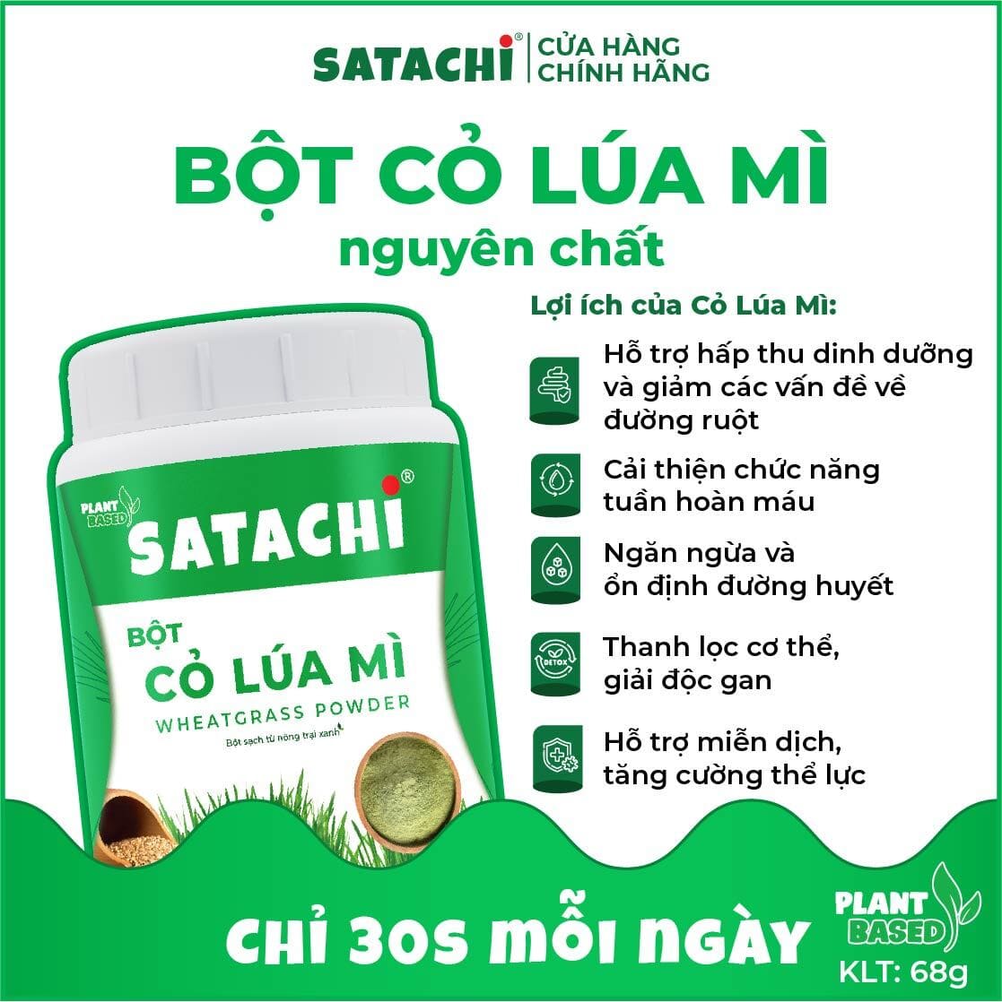 Bột Cỏ Lúa Mì nguyê n chấ t SATACHI. Tha nh lọc cơ thể, tăn g cườn g h ệ m iễn dịch, bổ m áu, ổn định đườ ng huy ết. Hộp 68g