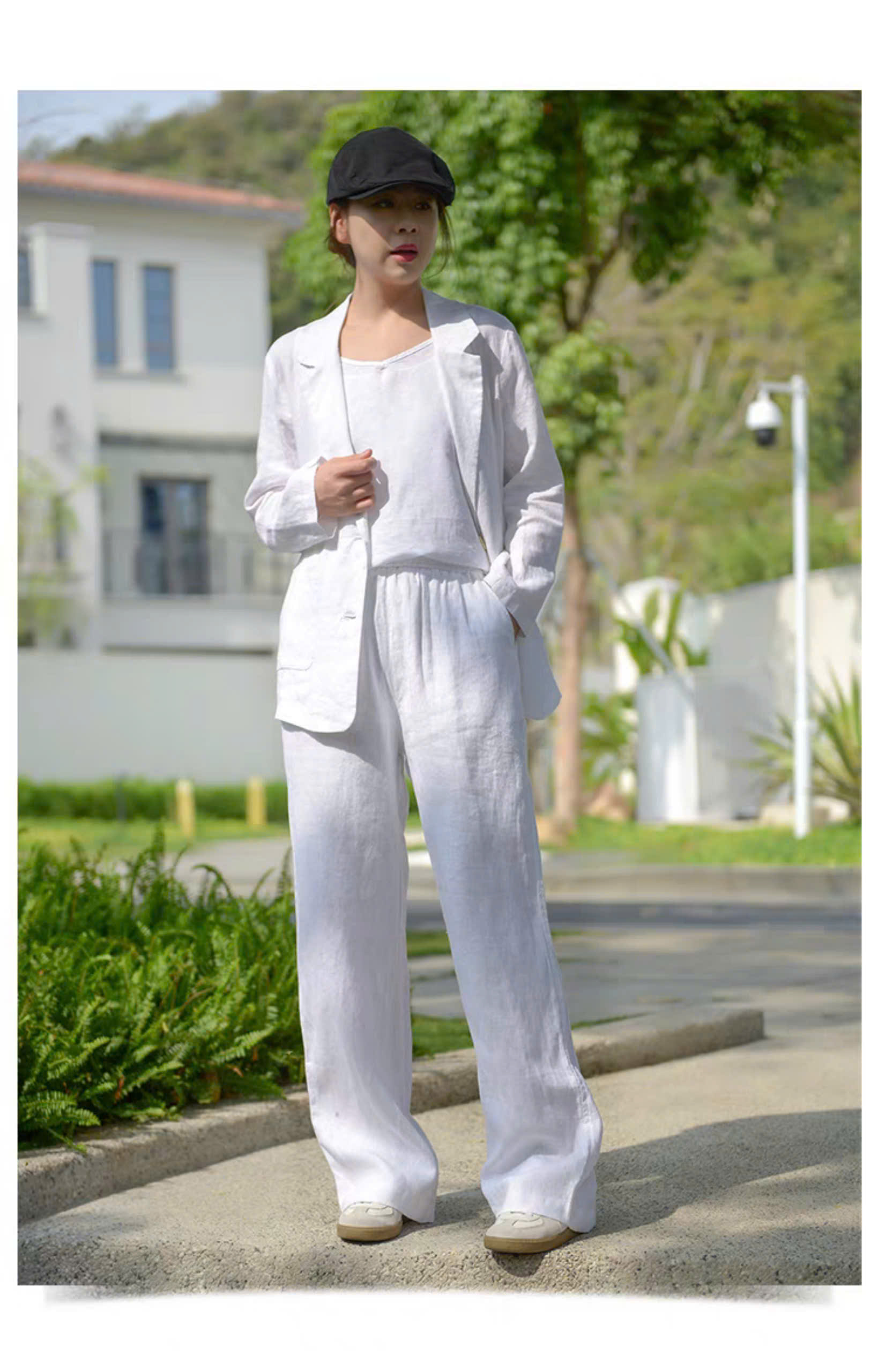 Set bộ áo khoác blazer tay dài và quần ống rộng cạp chun cực phong cách, tối giản, vintage