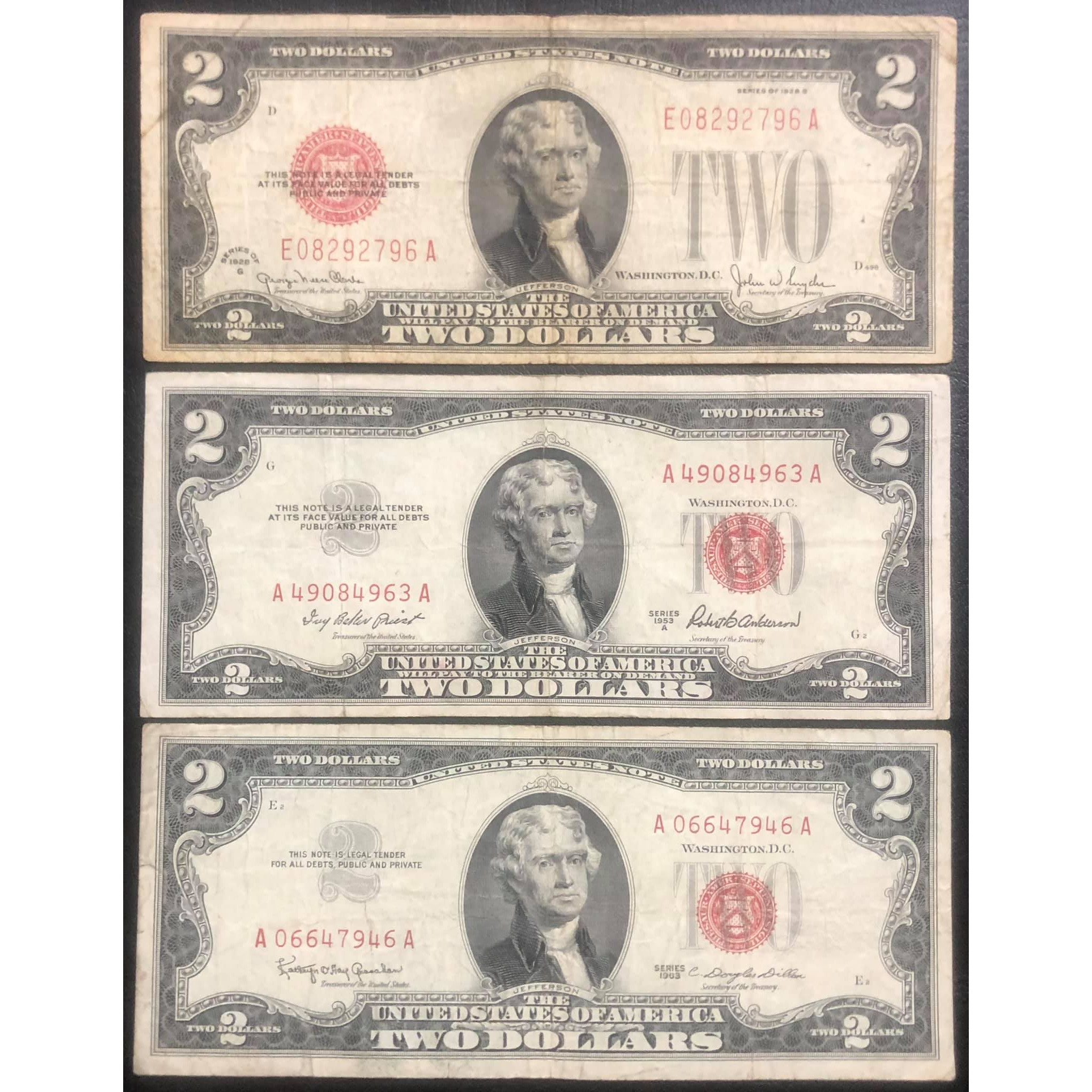 Bộ 3 tờ 2 dollars mộc đỏ 1928, 1953, 1963, tiền cổ Mỹ sưu tầm