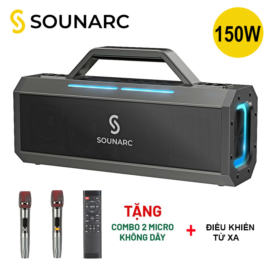 Loa Karaoke Bluetooth 5.1 SOUNARC K1 Kèm 2 Micro Không Dây Hát Karaoke, Công Suất 150W, Chống Nước IPX6 Có Dải Led Theo Nhạc, Hoạt Động Lên Đến 27H Tùy Âm Lượng Cho Một Lần Sạc - Hàng chính hãng