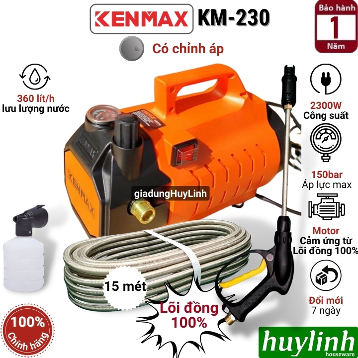 [Chống giật] Máy xịt rửa xe Chỉnh Áp Kenmax KM-230 PLUS - 2300W - Motor từ lõi đồng 100% - Hàng chính hãng