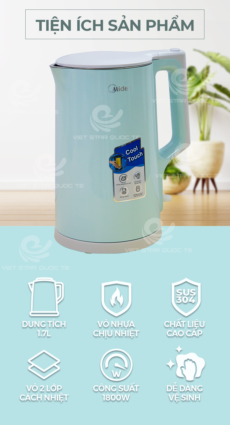 Bình đun siêu tốc Midea 1.7 lít MK-17DG - Xanh - Hàng Chính Hãng