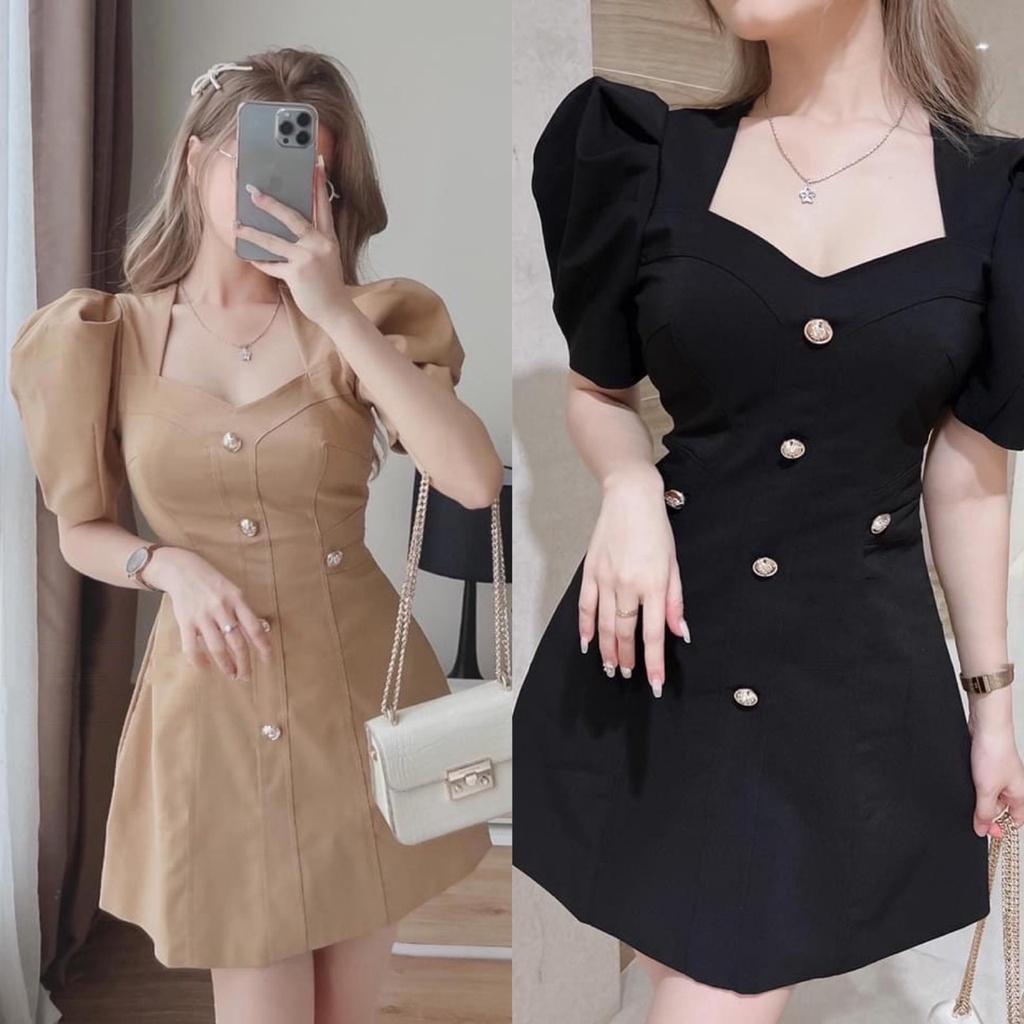 Đầm nữ dáng xòe cổ vuông tay ngắn phồng vai cài nút phù hợp mọi phong cách