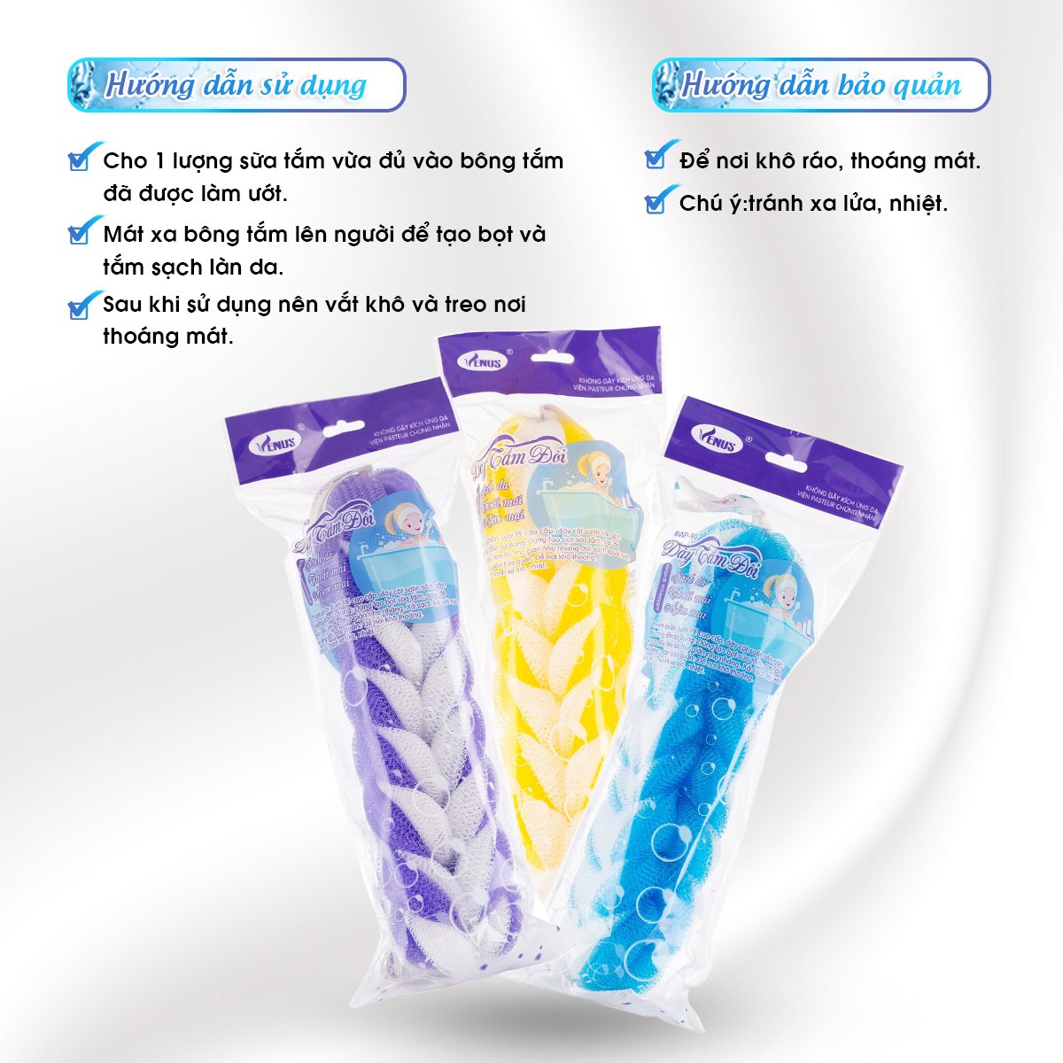 Dây tắm dài đôi Venus BWP-90-Tạo bọt nhiều, tấy da chết, thẩm thấu sữa tắm nhiều,massge thư giãn