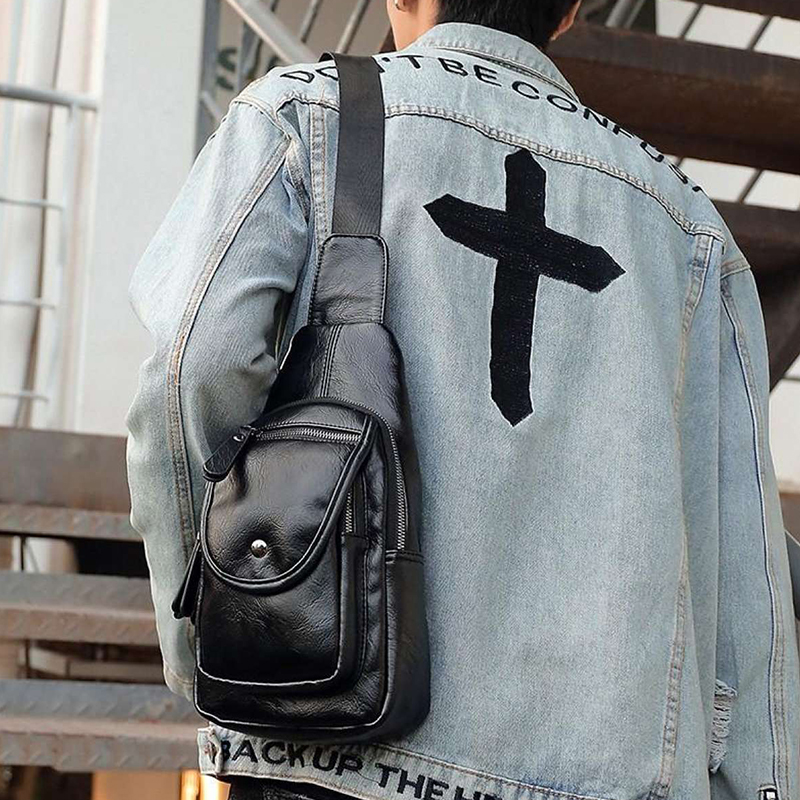 Men's Street Trend Cross Body Chest Bag Pu Leather - Black