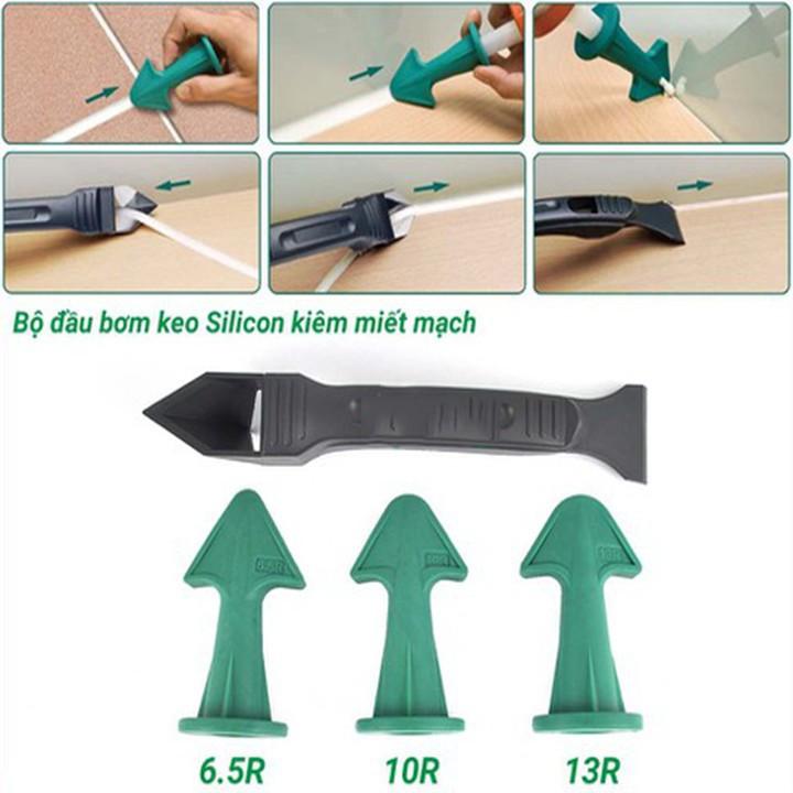 Bộ vòi bơm keo silicone kiêm miết mạch silicone kèm dụng cụ làm sạch.