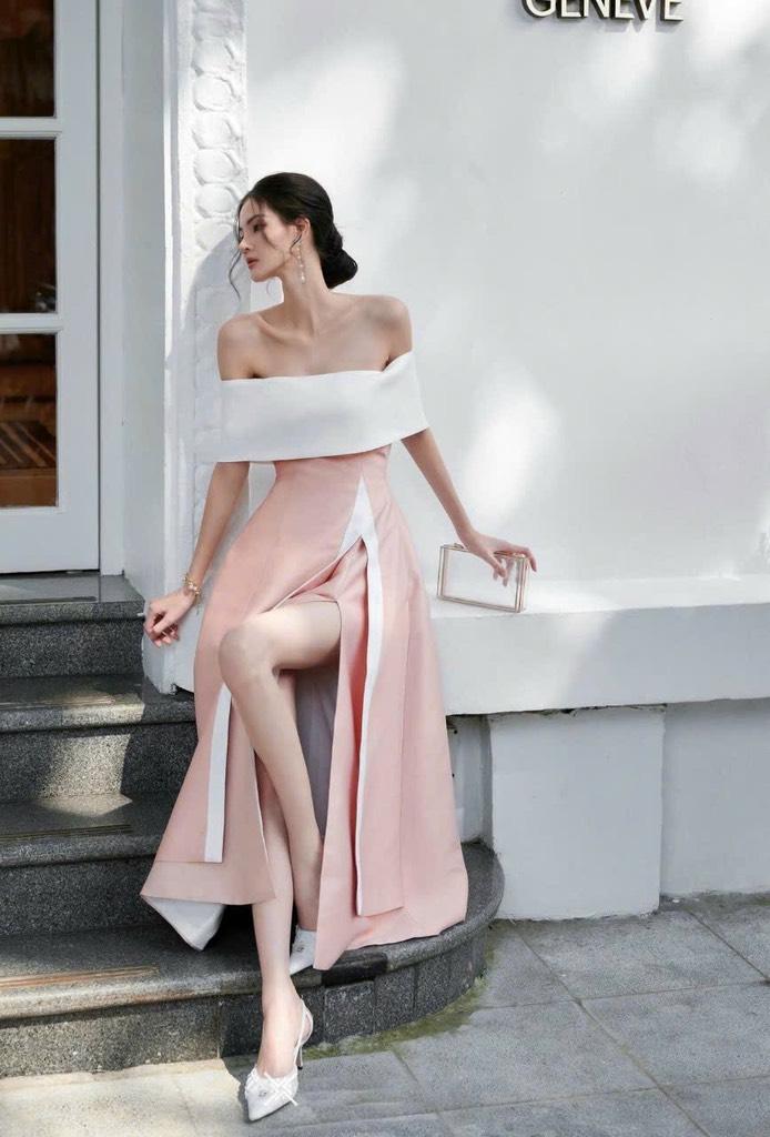Đầm xòe tapta dự tiệc trễ vai viền trắng