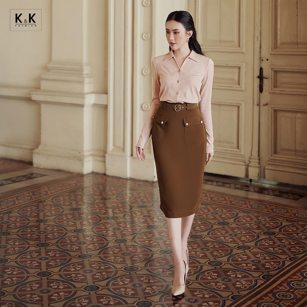 Chân Váy Bút Chì Phối Thắt Lưng  K&amp;K Fashion CV05-22 Chất Liệu Carolan Cao Cấp