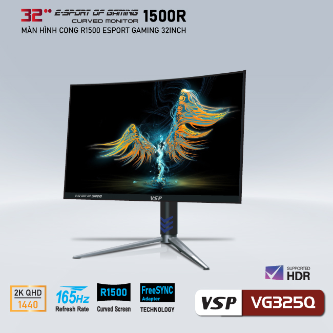 Màn hình Cong Gaming 32inch VSP VG325Q (2K, VA, 165Hz, 4ms, 400nits, HDMI+DP) - Hàng chính hãng TECH VISION phân phối