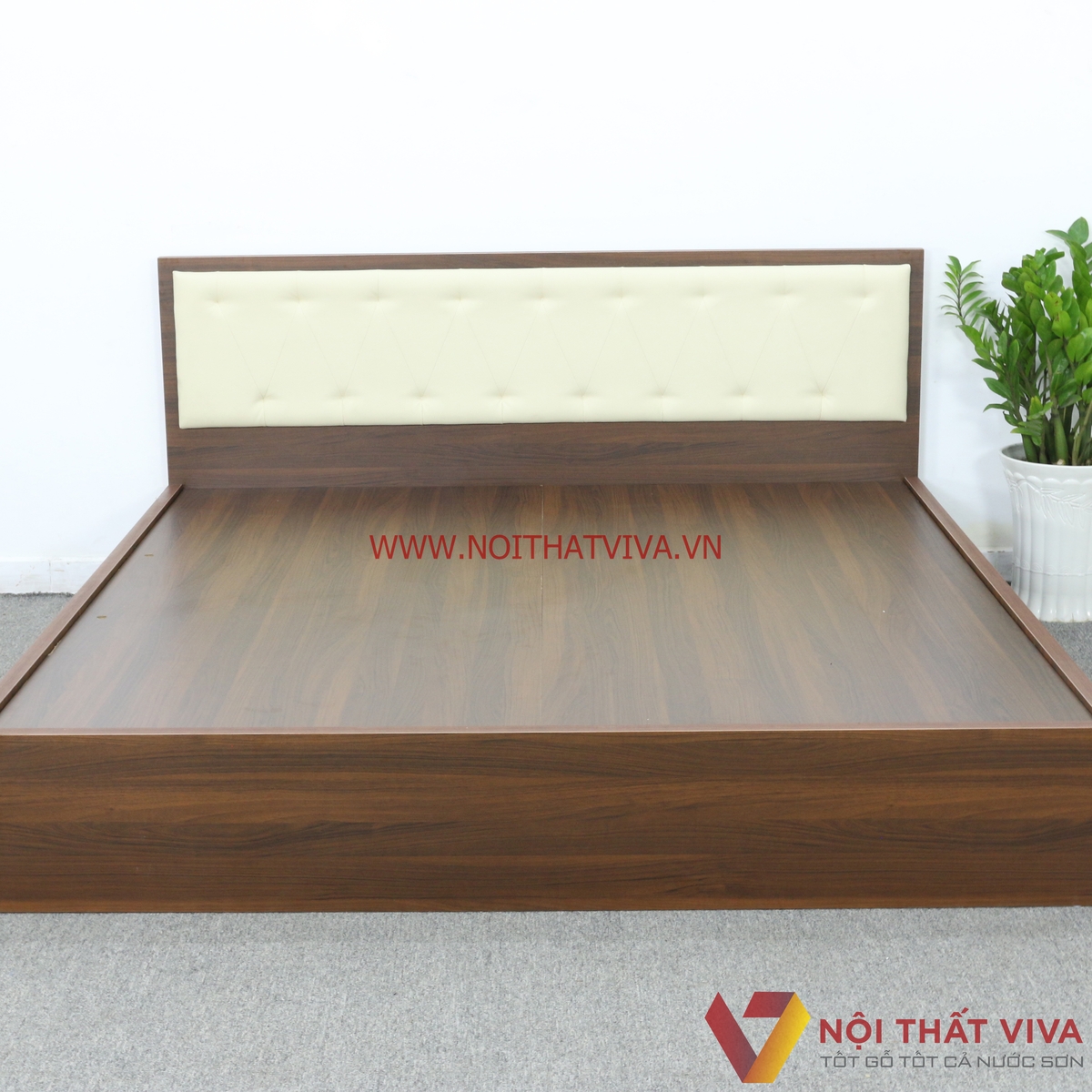Giường Ngủ Gỗ Mdf Melamine Màu Nâu Có Đầu Nệm Kem Đẹp Giá Rẻ