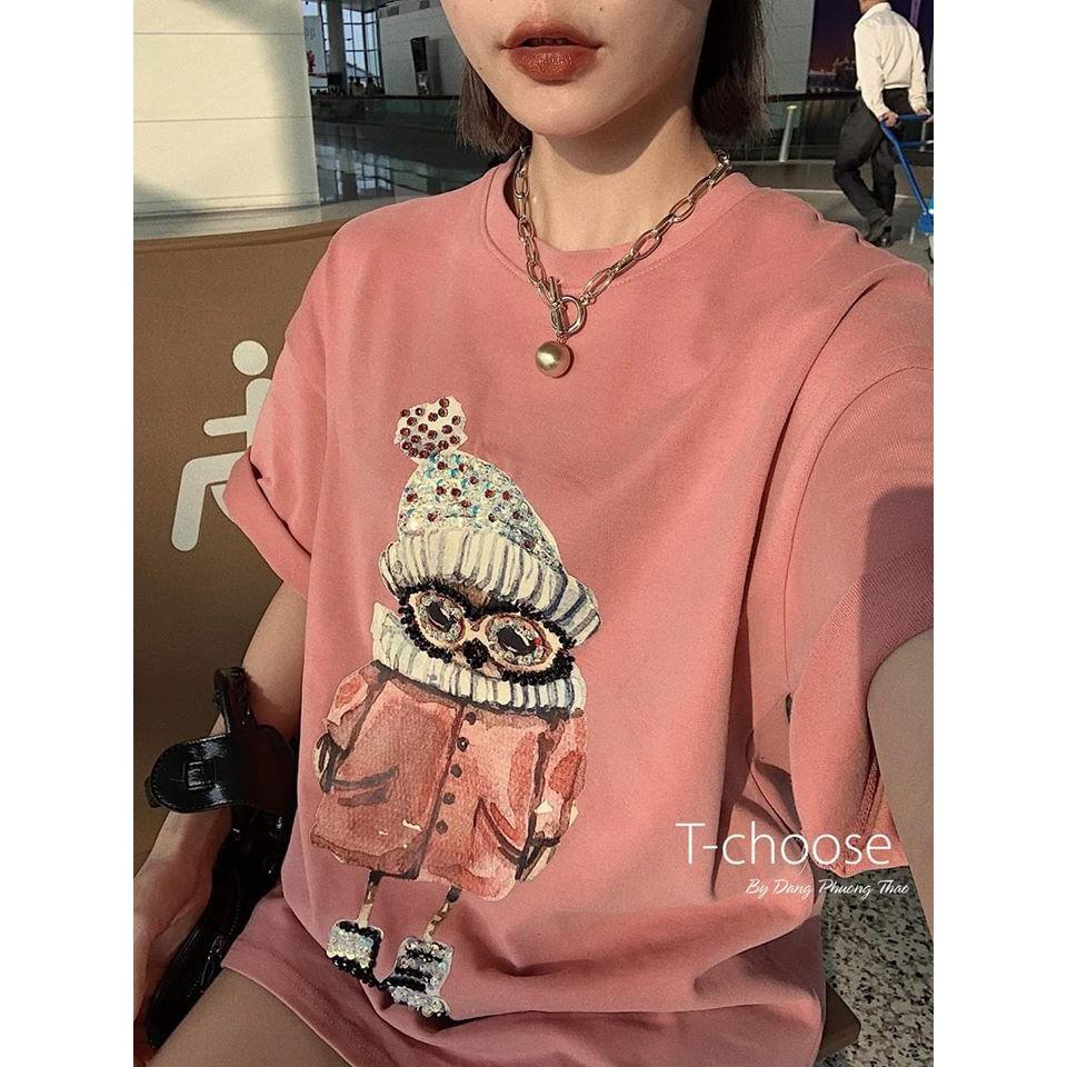 Áo phông hồng hình cú chibi xinh xắn