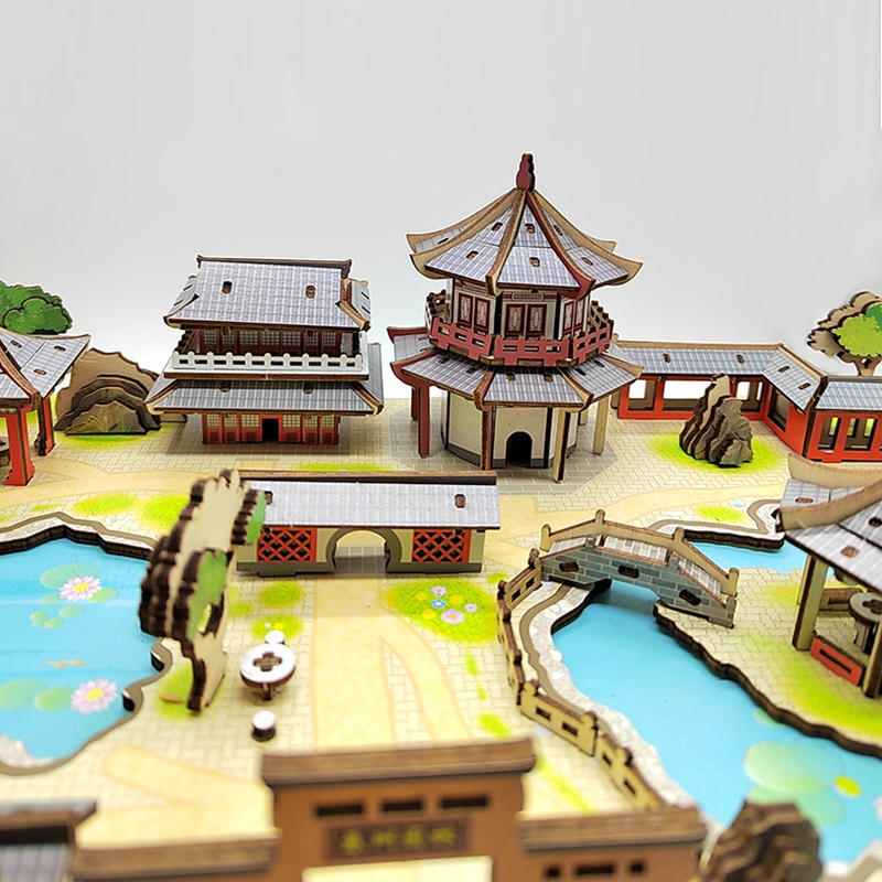 Đồ chơi lắp ghép gỗ 3D Mô hình Garden of Suzhou Nhà vườn Tô châu HZ01 Laser  Kèm đèn LED