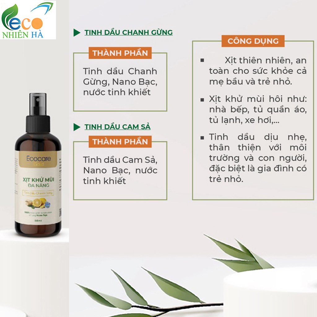 Xịt khử mùi đa năng ECOCARE 50ml tinh dầu thiên nhiên Nano bạc, khử mùi nhà bếp tủ quần áo