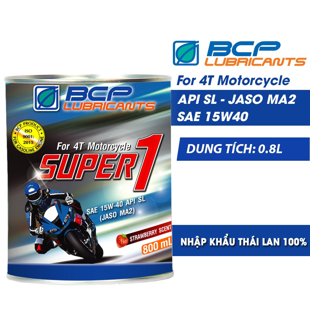 Lon nhớt xe số BCP Super 1 - SAE 15W40 - API SL - JASO MA2 - 800 mL - Tặng 1 phễu thay nhớt cán dài