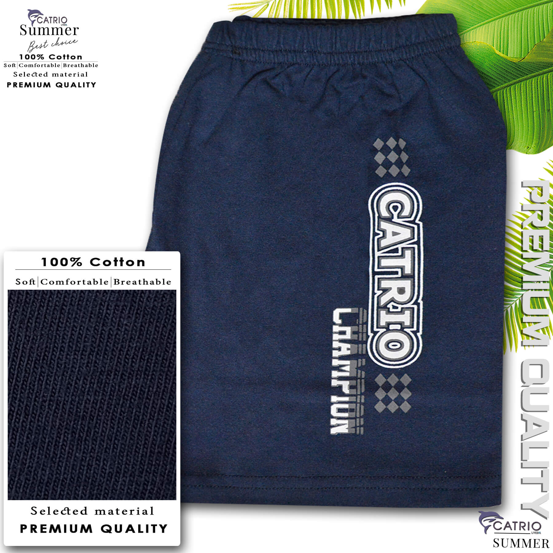BỘ THUN BÉ TRAI CATRIO in JUST màu NAVY là bộ đồ mùa hè trẻ em từ 1 tuổi 12kg đến 10 tuổi 35kg gồm có QUẦN ĐÙI + ÁO SÁT NÁCH vải 100% cotton an toàn đạt chuẩn xuất khẩu thích hợp các bé trai mặc ở nhà, đi chơi rất thoáng mạt và hạnh phúc