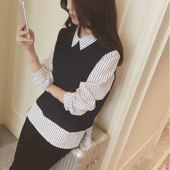 Áo Kiểu Sơ Mi Phối Kẻ Sọc Dành Cho Nữ