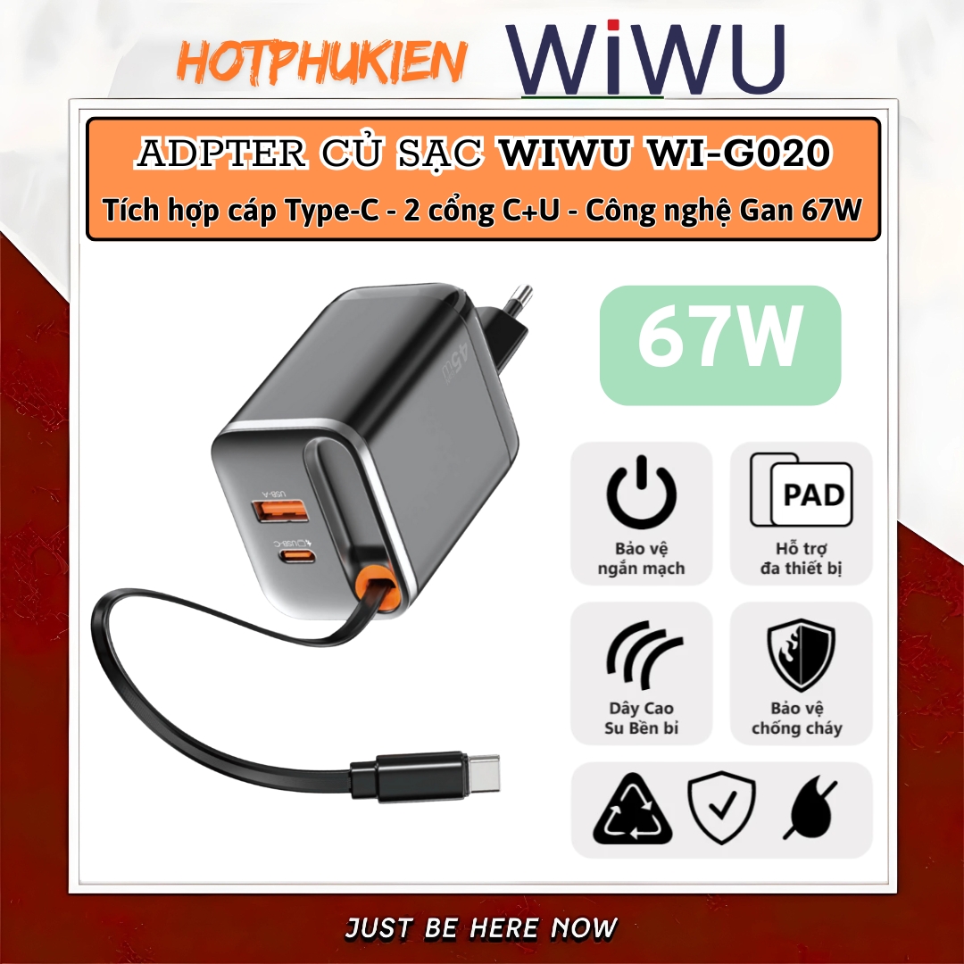 Adapter cóc củ sạc nhanh 67W PD USB C + USB-A 3.0 kèm dây sạc Type-C PPS chống cháy hiệu WIWU Helix Fast Charger cho iPhone iPad Oppo Samsung - Hàng nhập khẩu