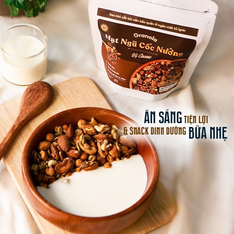 Granola nướng giòn tan - Vị Cacao túi 400g - Dùng mật dừa nước, 0 trái cây sấy, GI thấp - Hạt ngũ cốc giảm cân - HeydayCacao