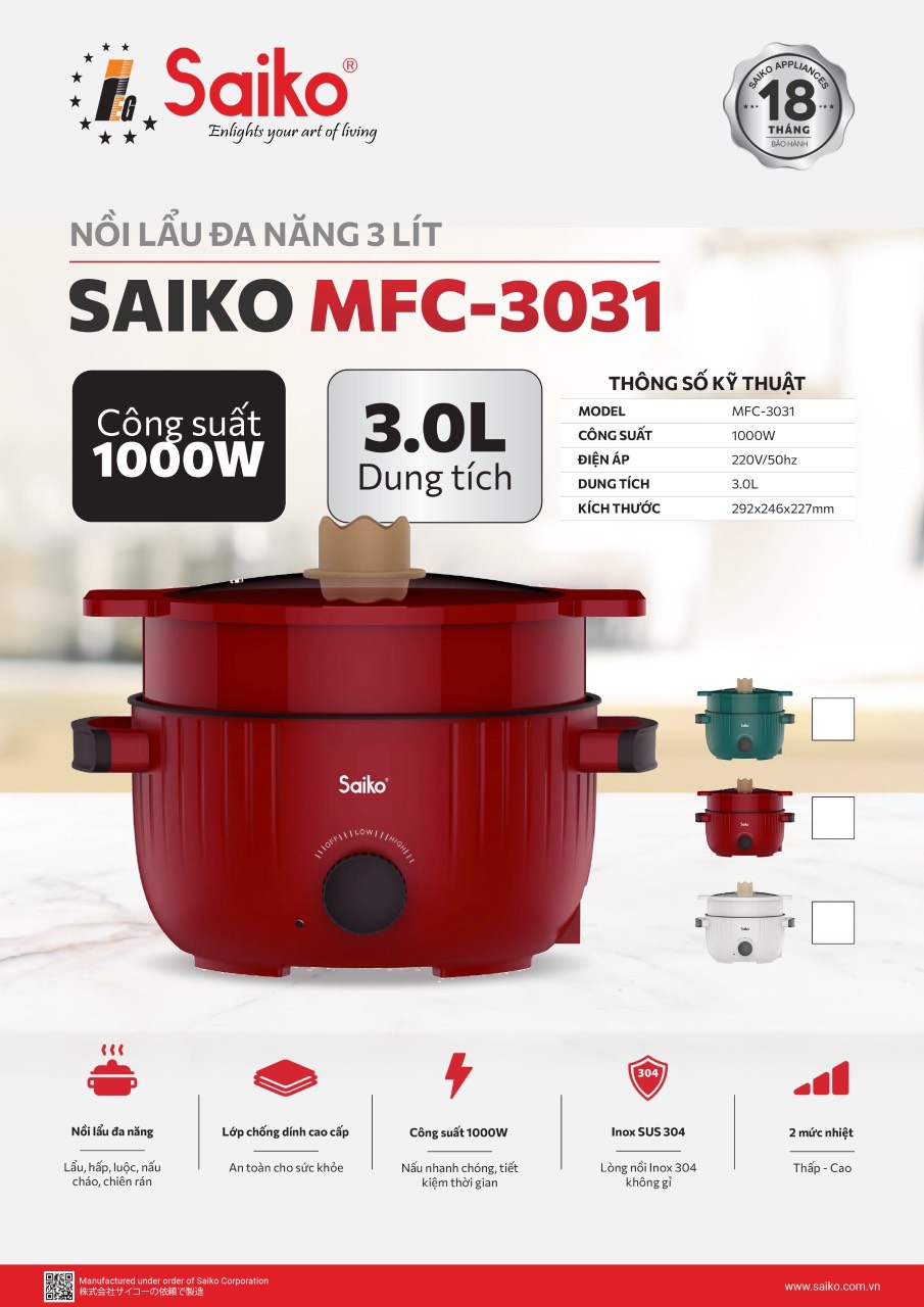 Nồi lẩu điện đa năng 3 lít Saiko MFC-3031 hàng chính hãng
