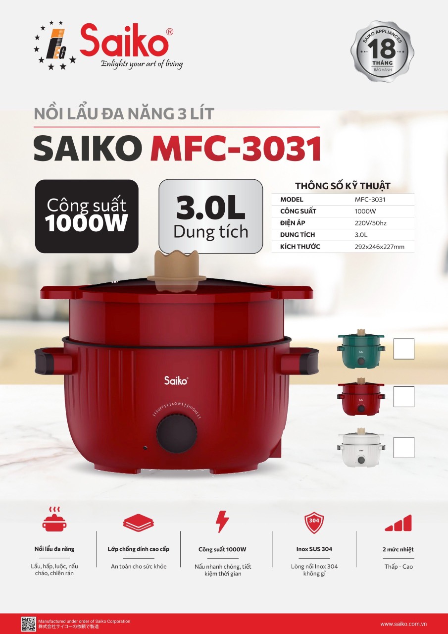 Nồi lẩu điện đa năng 3 lít Saiko MFC-3031 hàng chính hãng