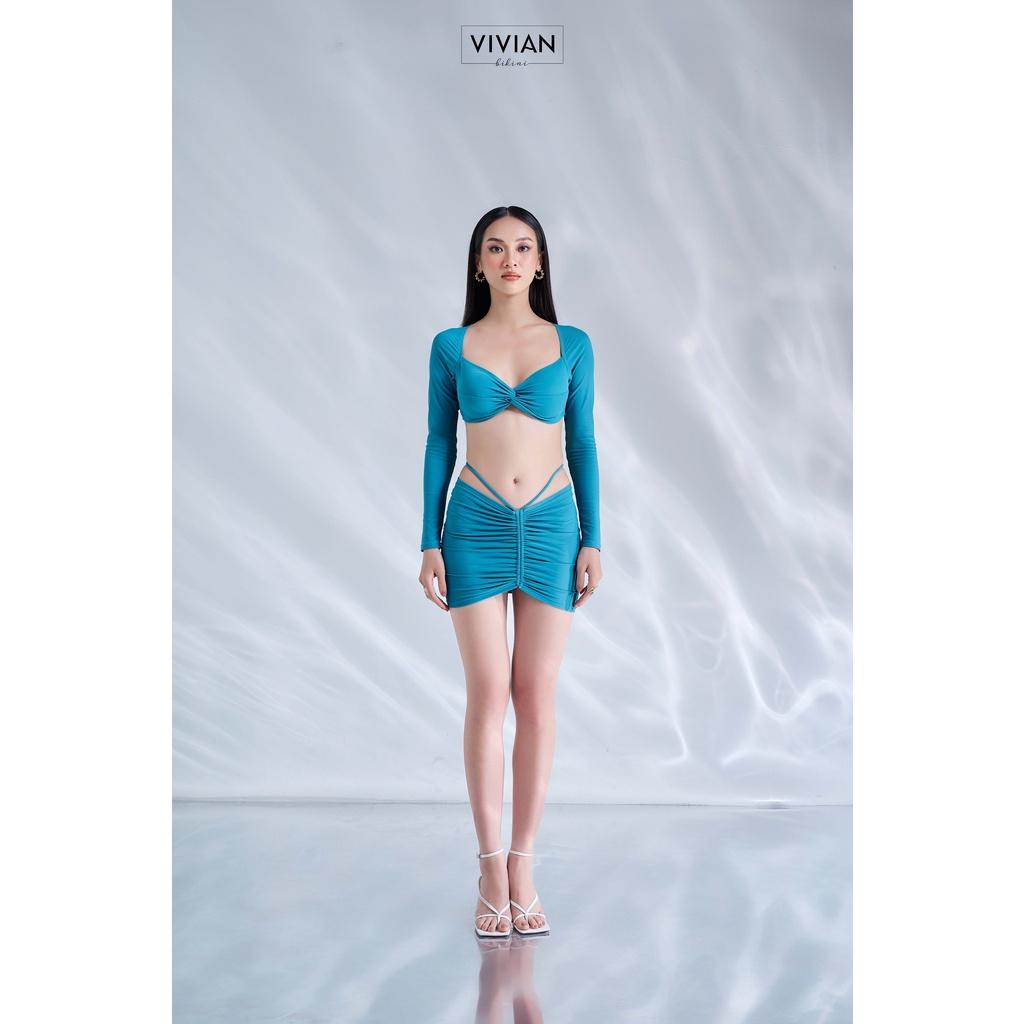 Đồ bơi nữ cao cấp dạng hai mảnh áo gọng tay dài, quần váy nhún phối dây cách điệu - Xanh da trời - VS195_BU