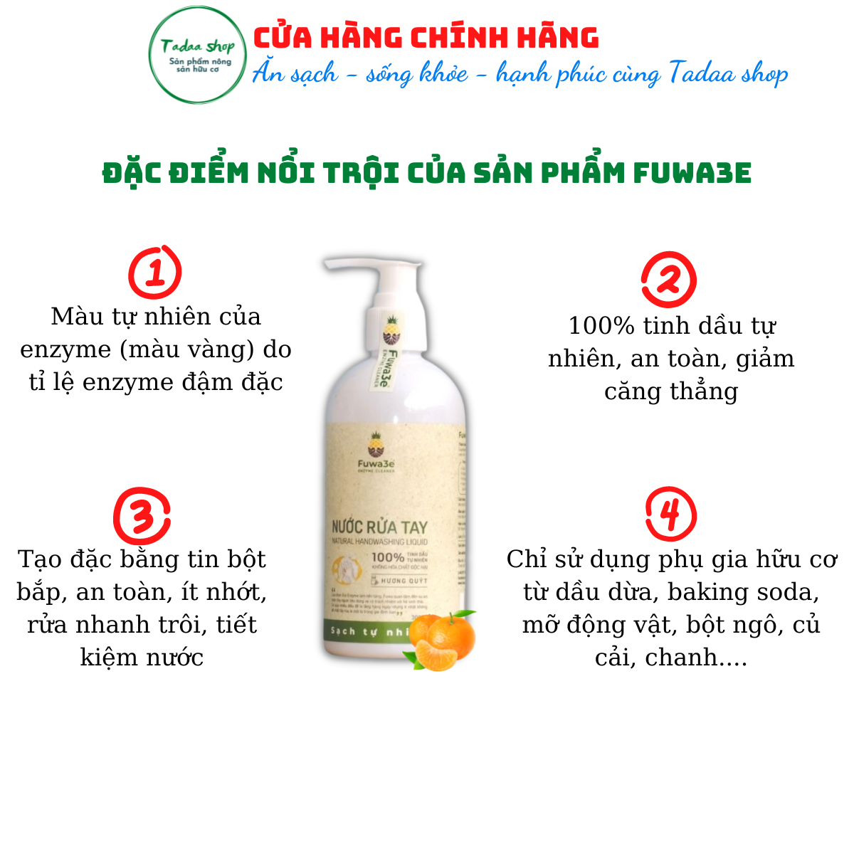 Nước rửa tay sinh học Fuwa3e hương tinh dầu quýt làm mềm và chống lão hóa da taychai 300ml