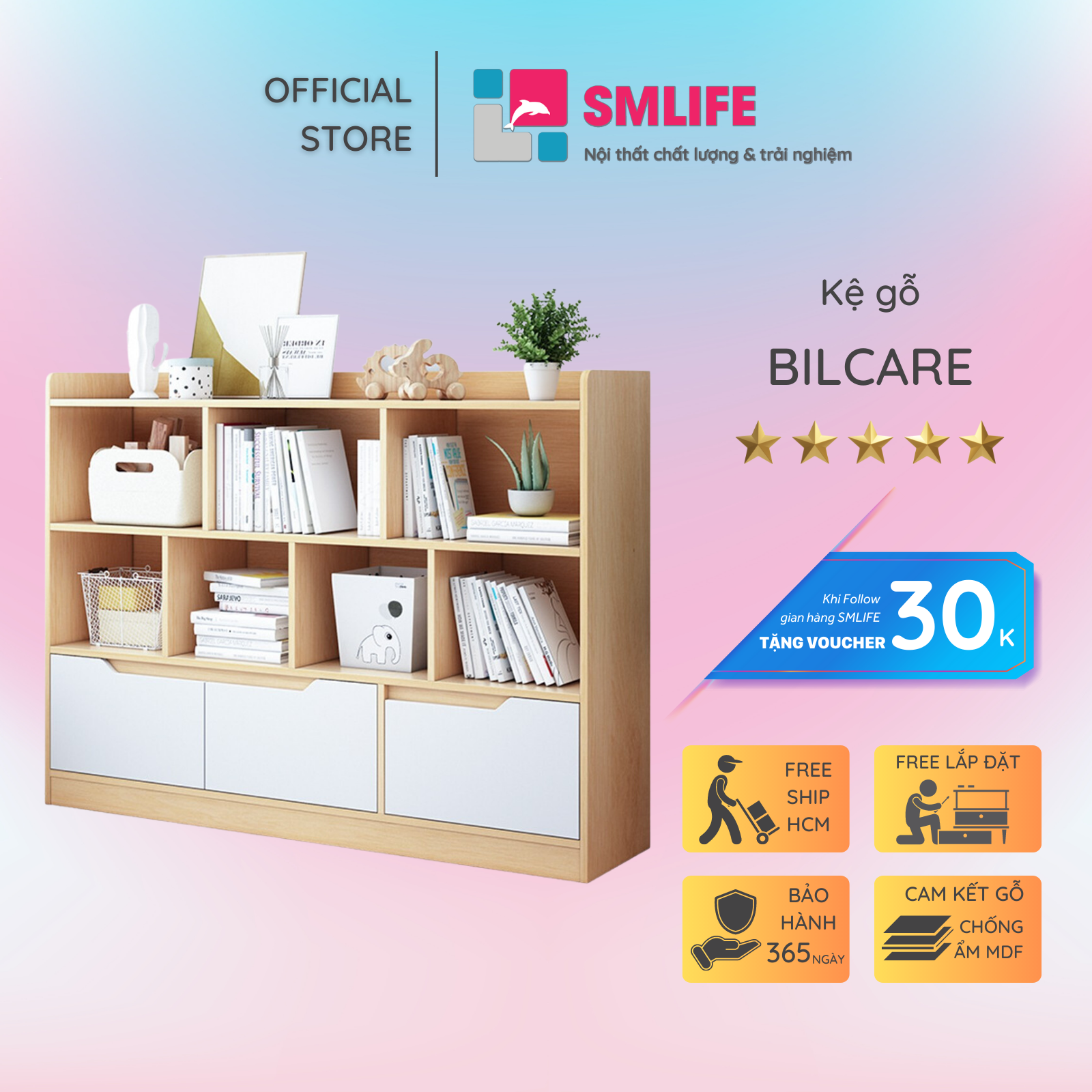 Kệ sách bằng gỗ thiết kế hiện đại SMLIFE Bilcare