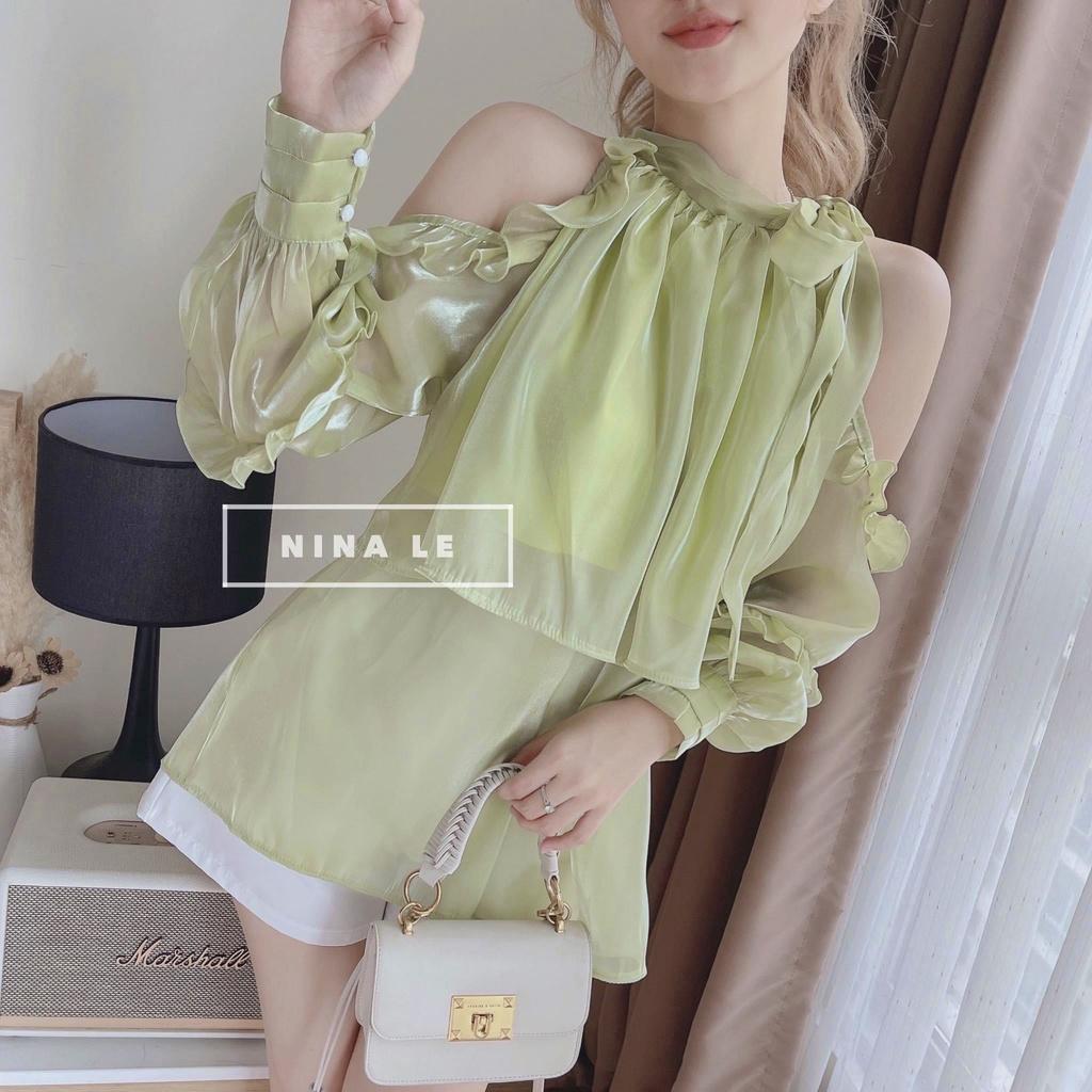 Áo bèo cổ nơ dáng yếm khoét vai tay rơi chất tơ ngọc tra.i, Áo bánh bèo cổ yếm màu xanh da trời, kem be